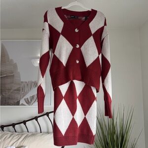 SHEIN Red and White Argyle Knit Cardigan Set